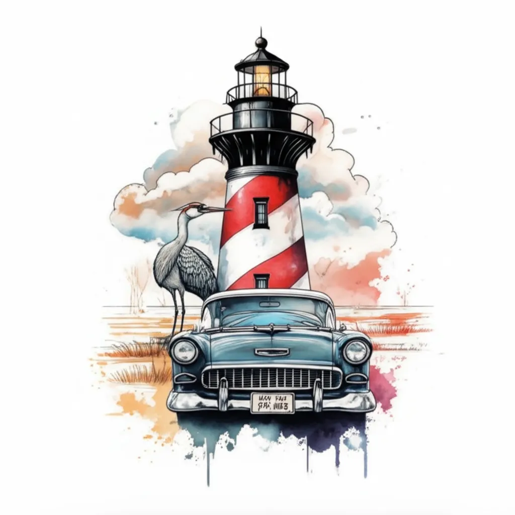 Watercolor Lighthouse, Crane, and 1955 Chevy Belair Tattoo Design