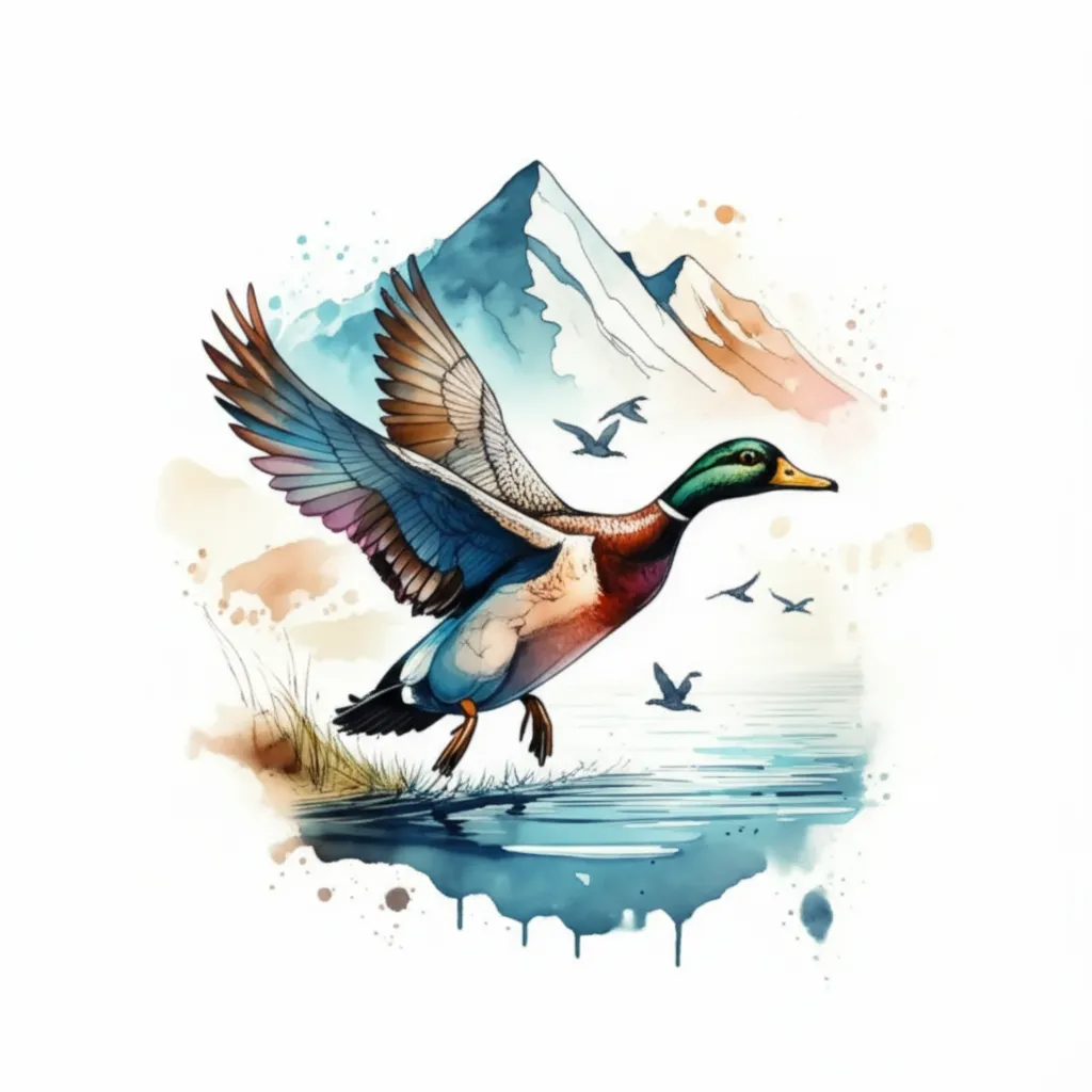 Watercolor Duck Tattoo with Mountain Background