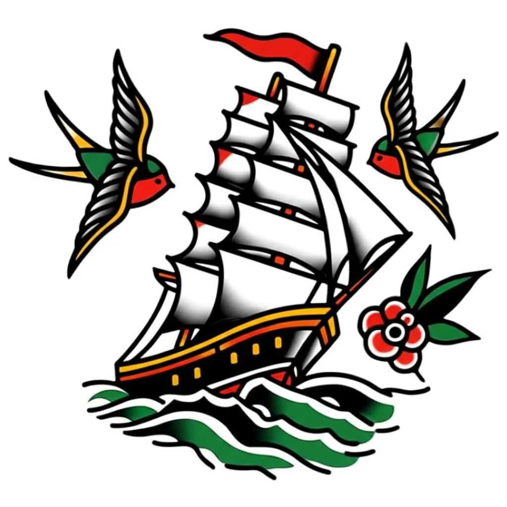 American Traditional Clipper Ship Tattoo with Swallows