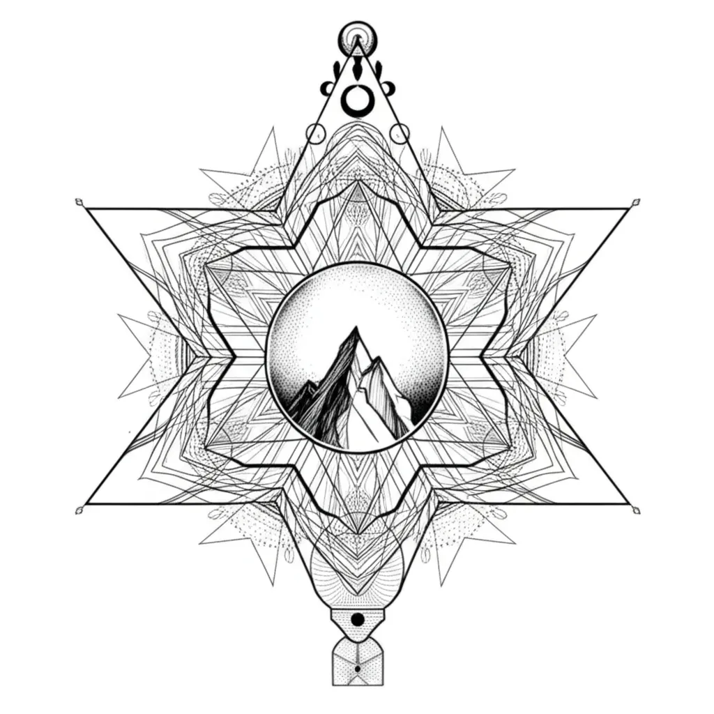 Geometric Mountain and Sun Tattoo Design