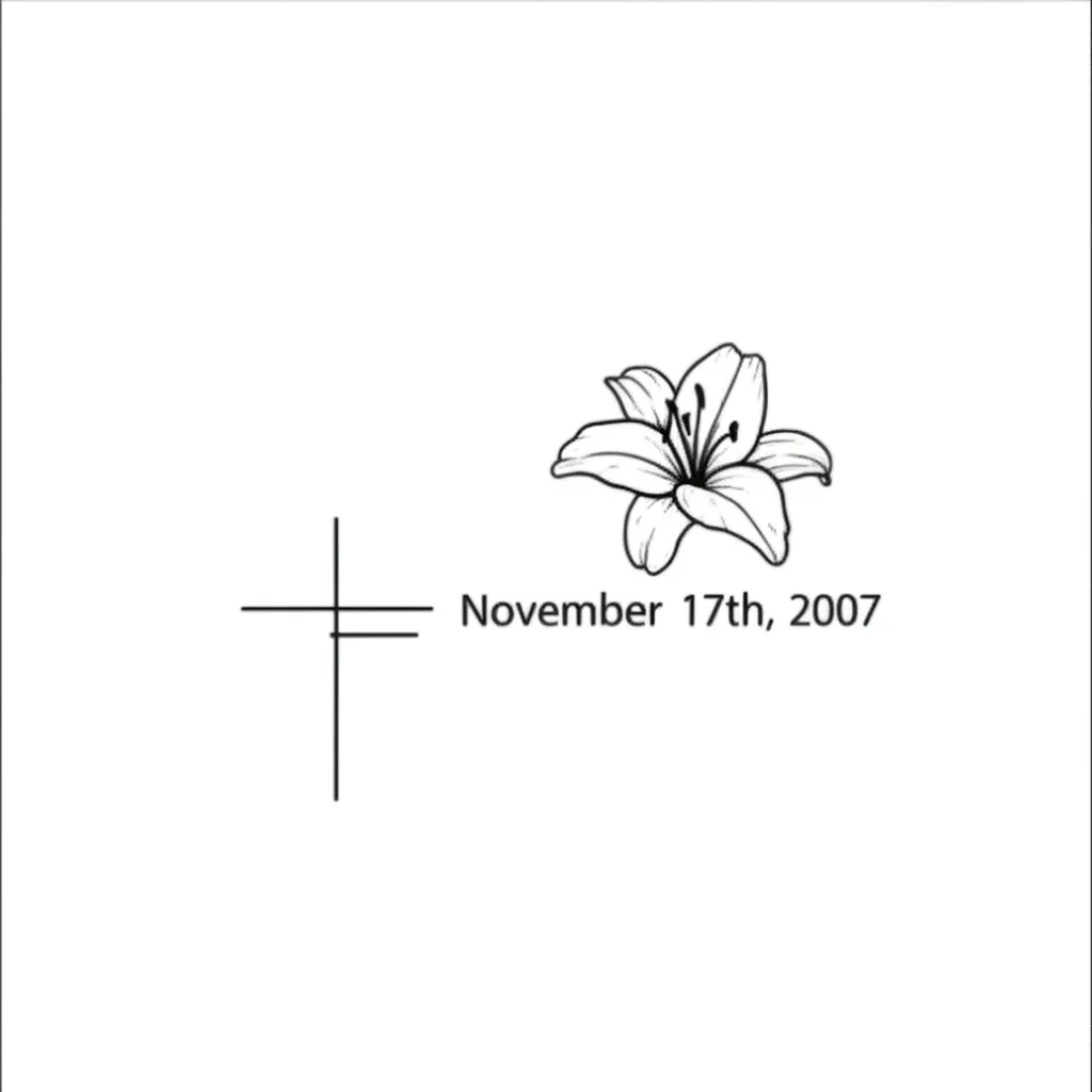 Minimalist Memorial Tattoo with Date, Cross, and Tiger Lily Minimalist Memorial Tattoo with Date, Cross, and Tiger Lily