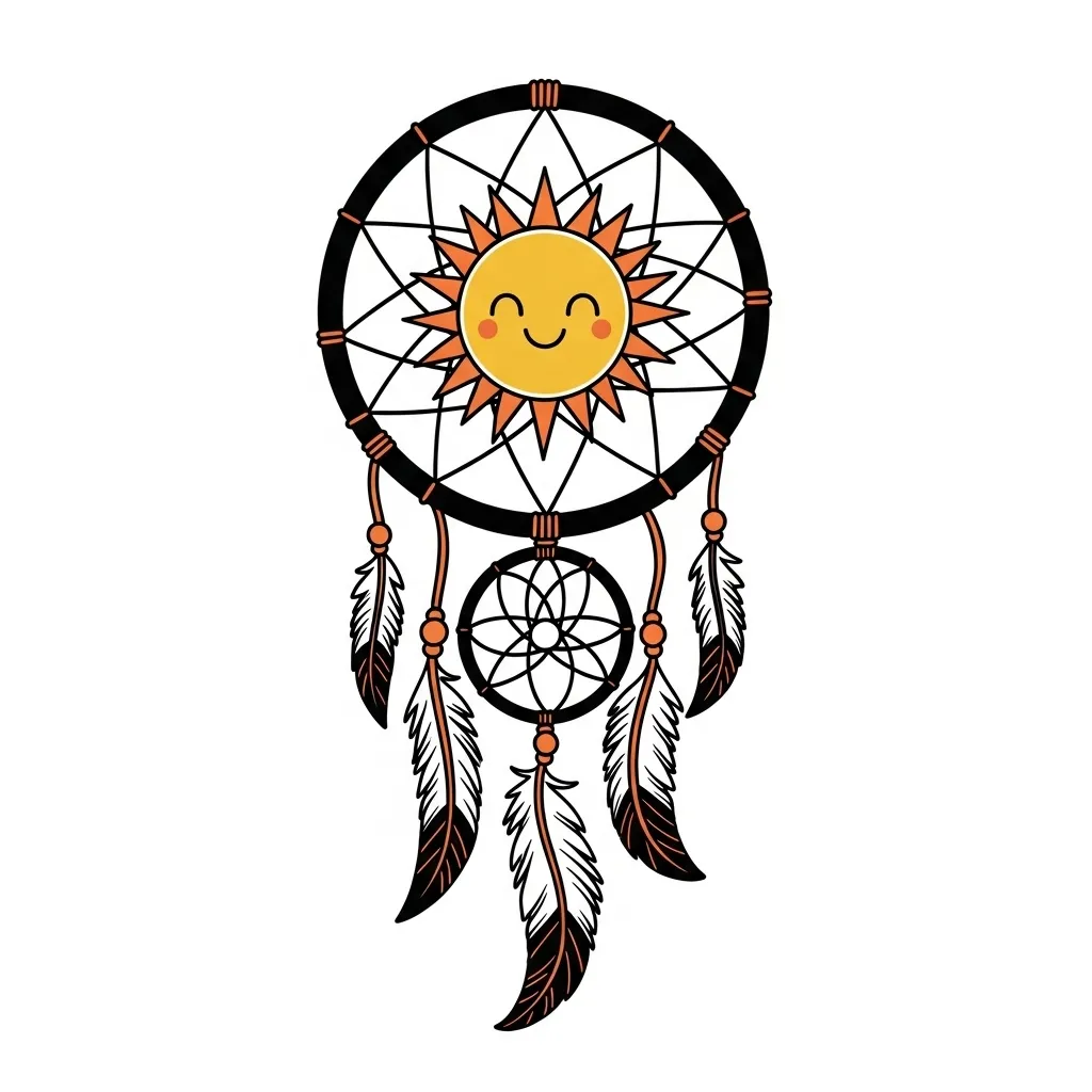 Dreamcatcher with Happy Sun Anime Style Thigh Tattoo