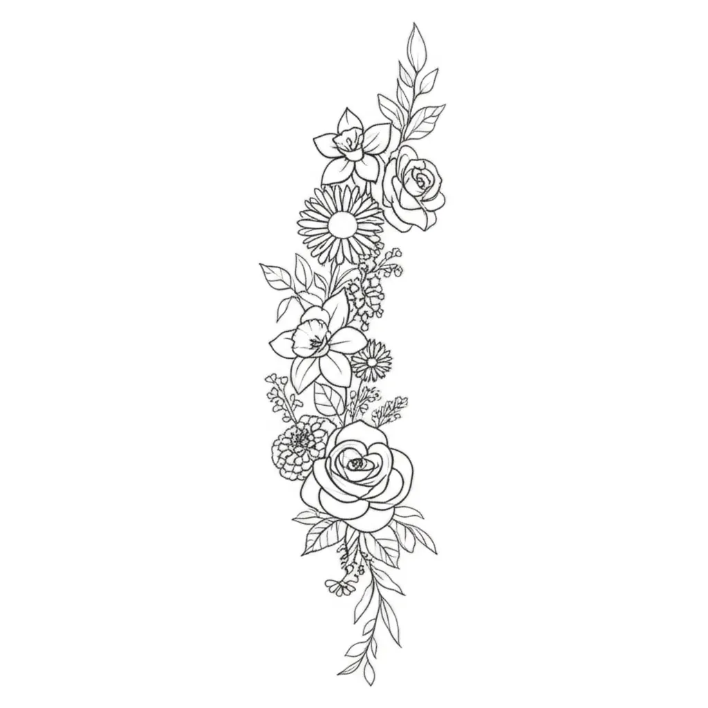 Minimalist Spine Tattoo with Aster, Roses, Daffodils, Daisy's, and Marigolds Minimalist Spine Tattoo with Aster, Roses, Daffodils, Daisy's, and Marigolds