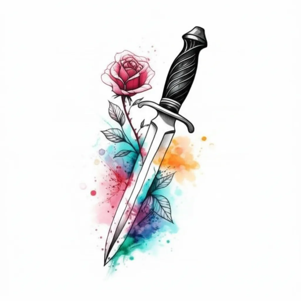Watercolor Knife and Rose Tattoo Idea Watercolor Knife and Rose Tattoo Idea