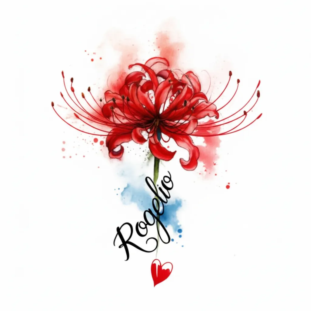 Watercolor Red Spider Lily Tattoo with Rogelio Name Stem