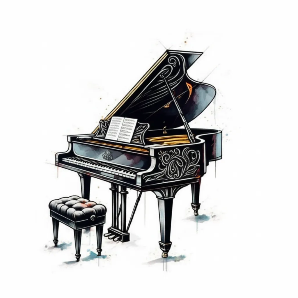 Watercolor Black Tribal Piano Tattoo Design