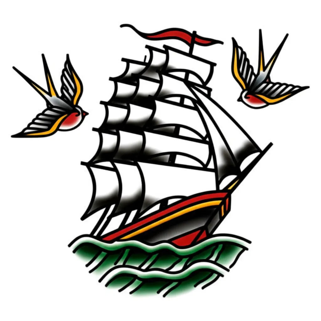 American Traditional Clipper Ship Tattoo with Swallows American Traditional Clipper Ship Tattoo with Swallows