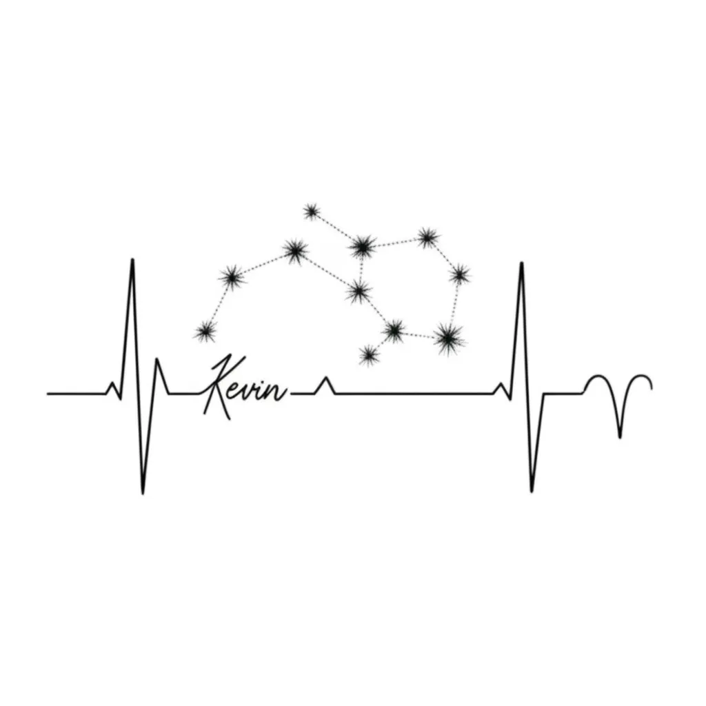 Stars, Heartbeat & Aries Sign Tattoo with Name - Fine Line Style Stars, Heartbeat & Aries Sign Tattoo with Name - Fine Line Style