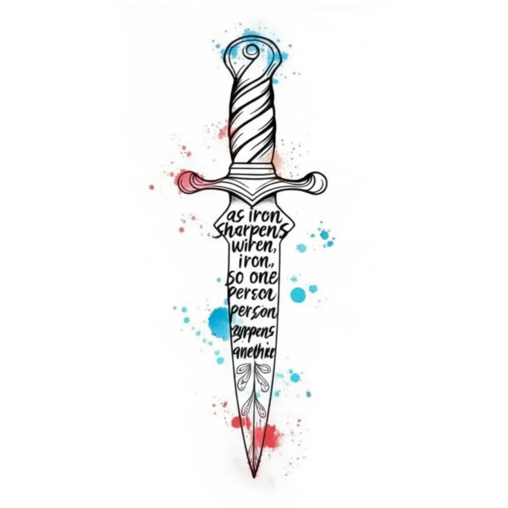 Watercolor Dagger Tattoo with Inspirational Quote Watercolor Dagger Tattoo with Inspirational Quote