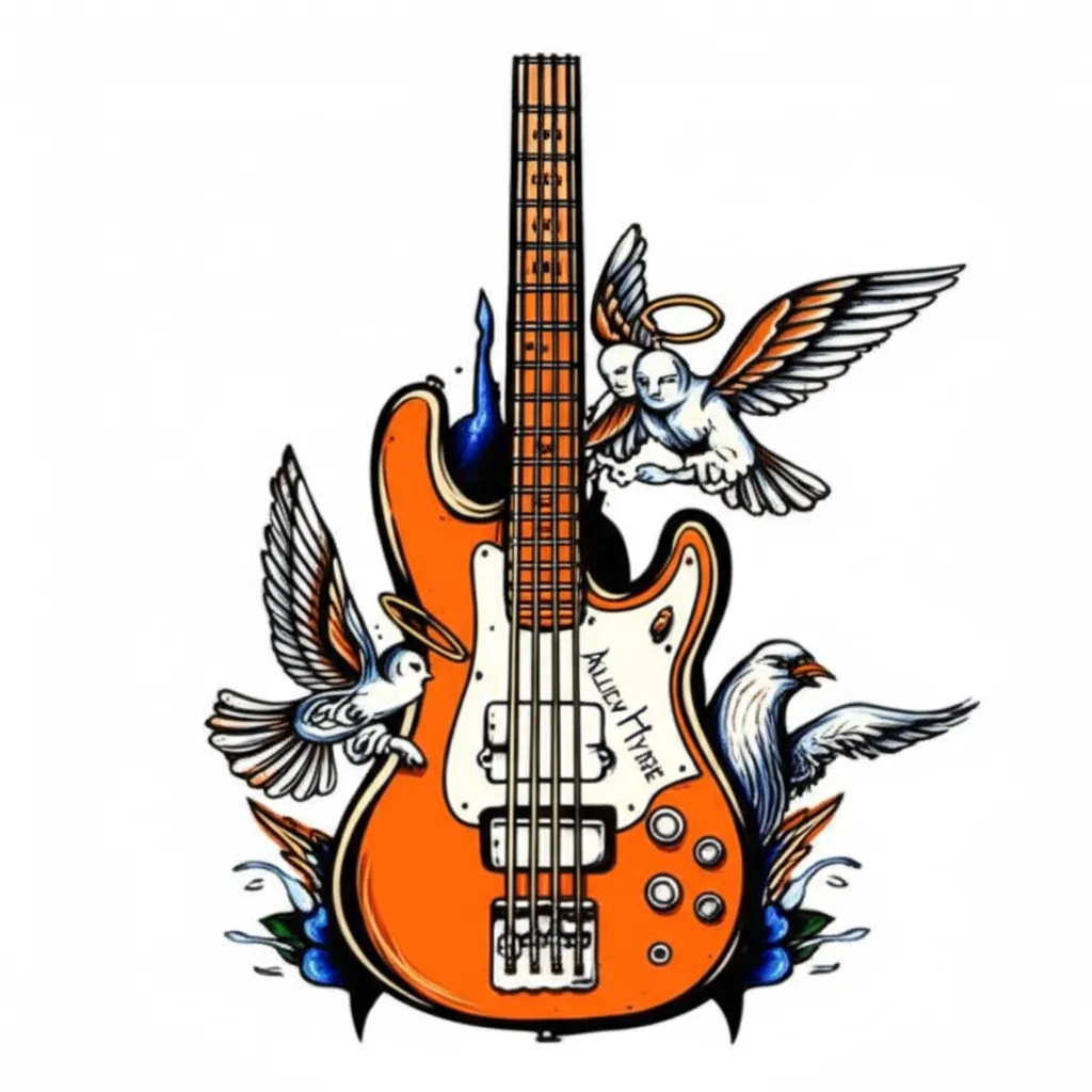 Bass Guitar Tattoo with Angels and Birds - Custom Name Design Bass Guitar Tattoo with Angels and Birds - Custom Name Design