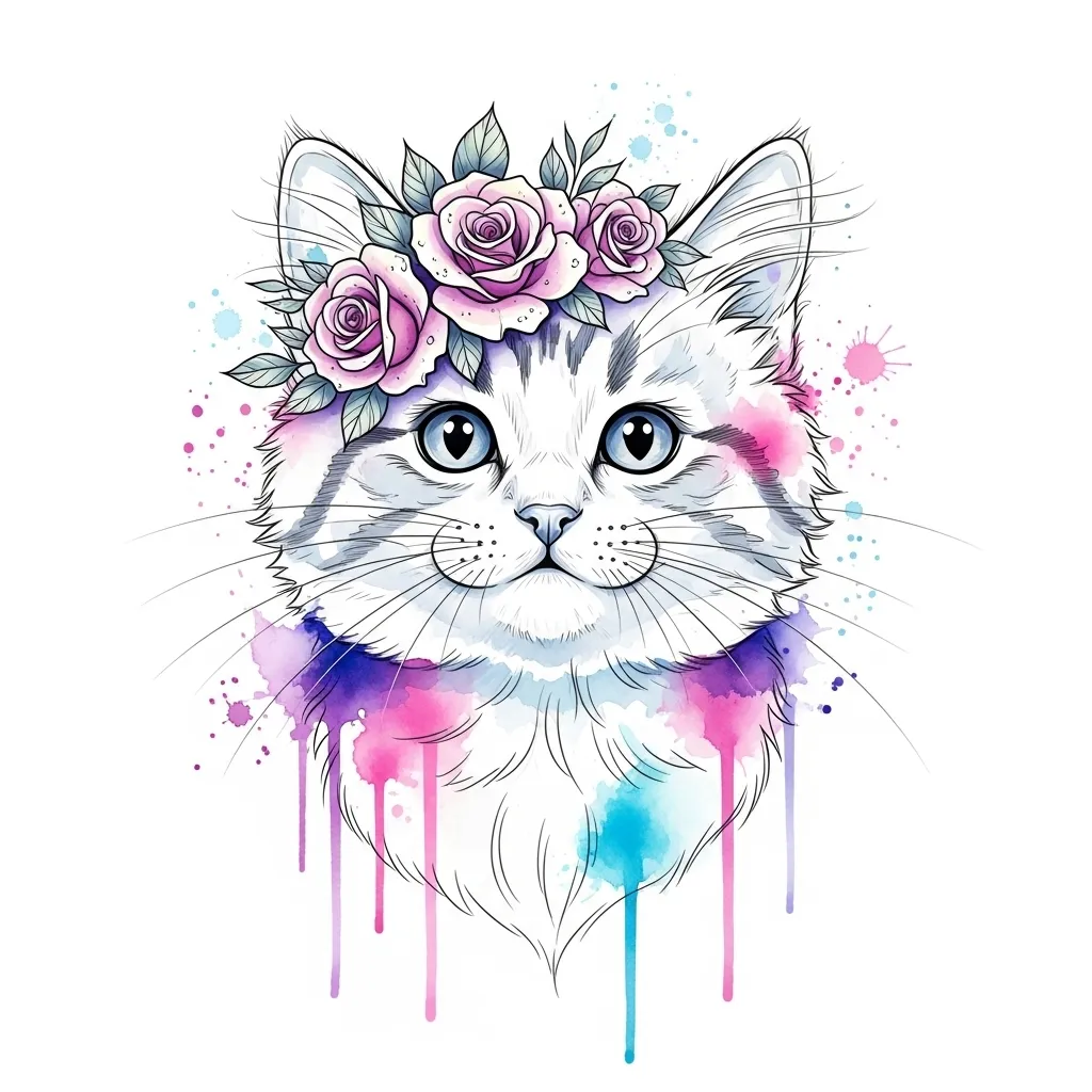 Watercolor Cat Tattoo with Roses: Cute & Unique Design