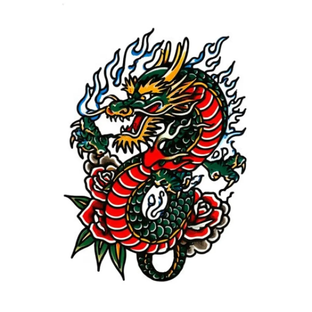Old School Dragon Arm Tattoo with Blue Flames and Roses