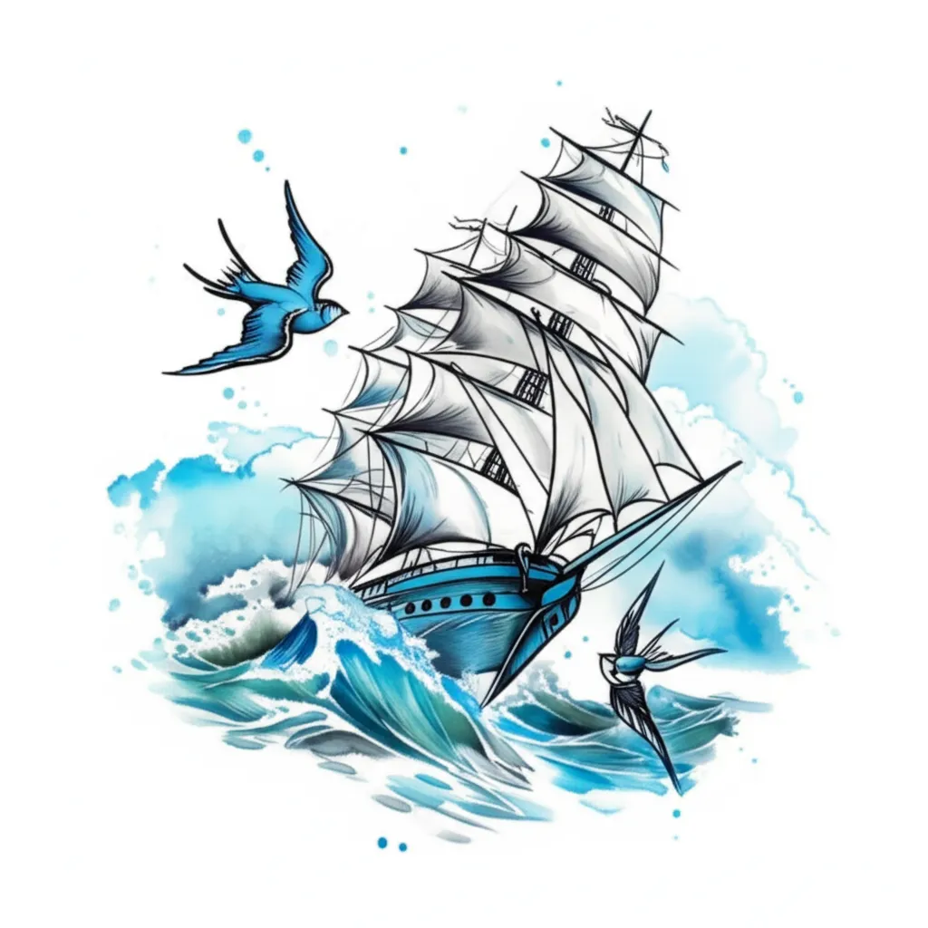 Clipper Ship Tattoo with Swallows: Watercolor Style