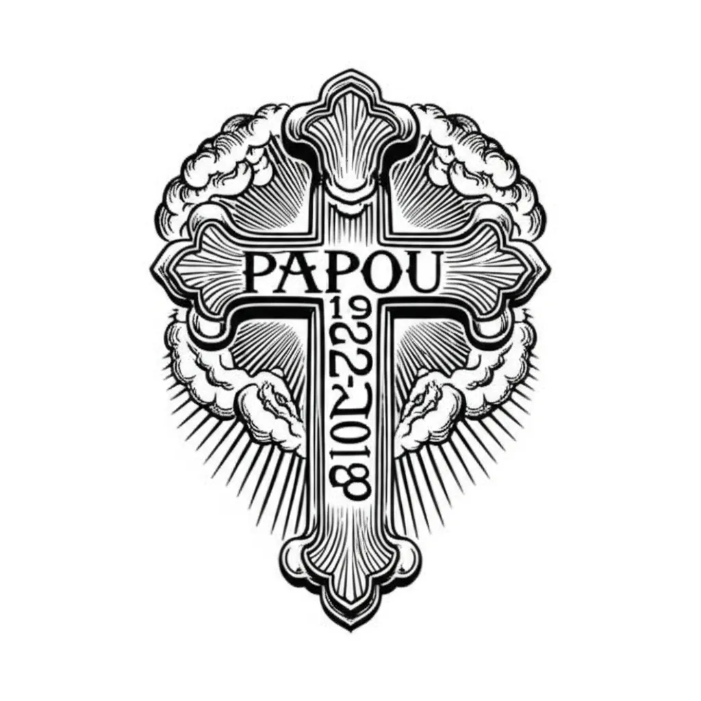 Memorial Cross Tattoo with Papou's Dates in Blackwork Style Memorial Cross Tattoo with Papou's Dates in Blackwork Style