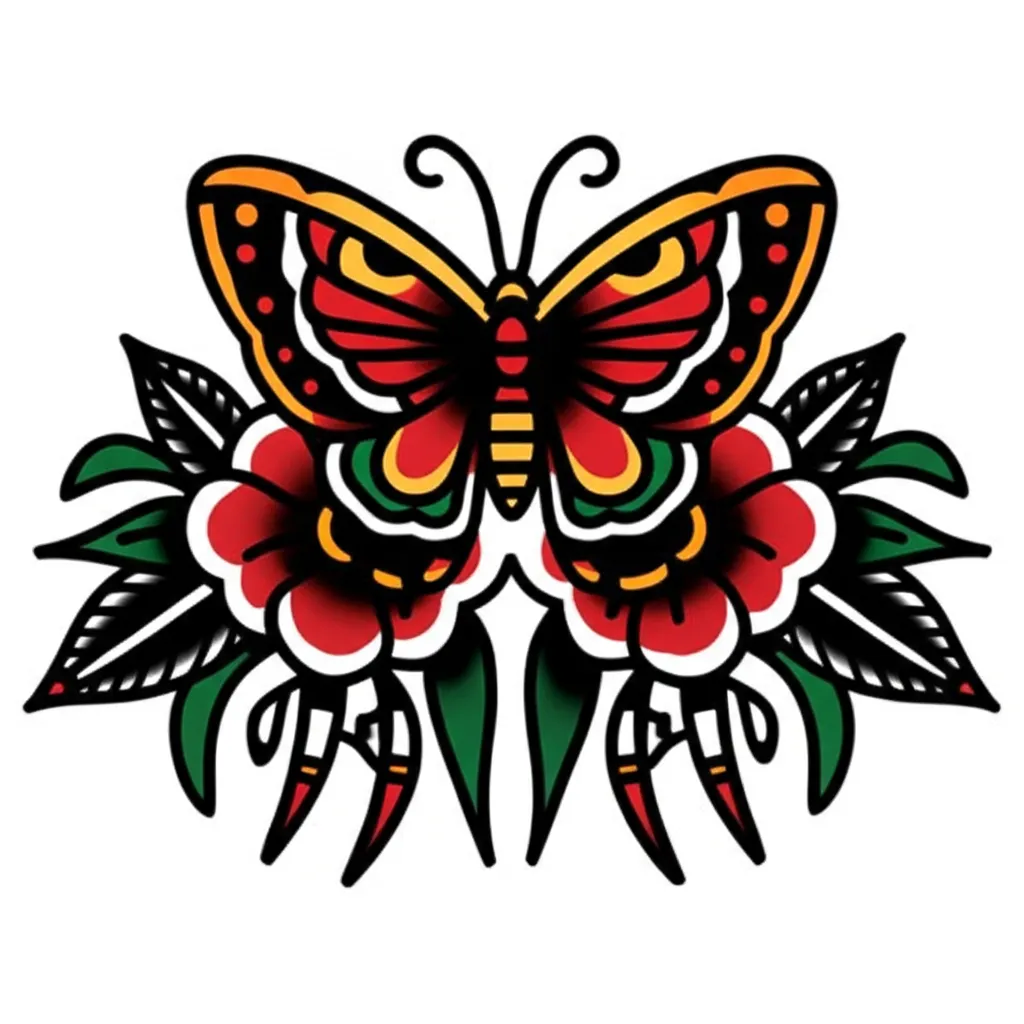 American Traditional Butterfly and Flowers Tattoo Design