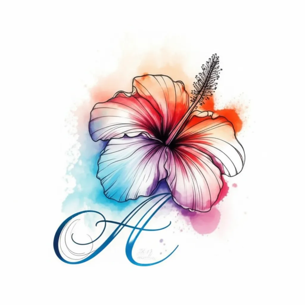 Watercolor Hawaii Flower Tattoo with Cursive A Design Watercolor Hawaii Flower Tattoo with Cursive A Design