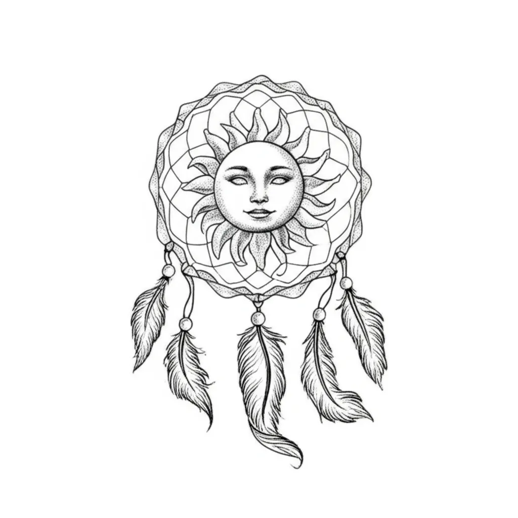 Sun Dreamcatcher Fine Line Tattoo Design