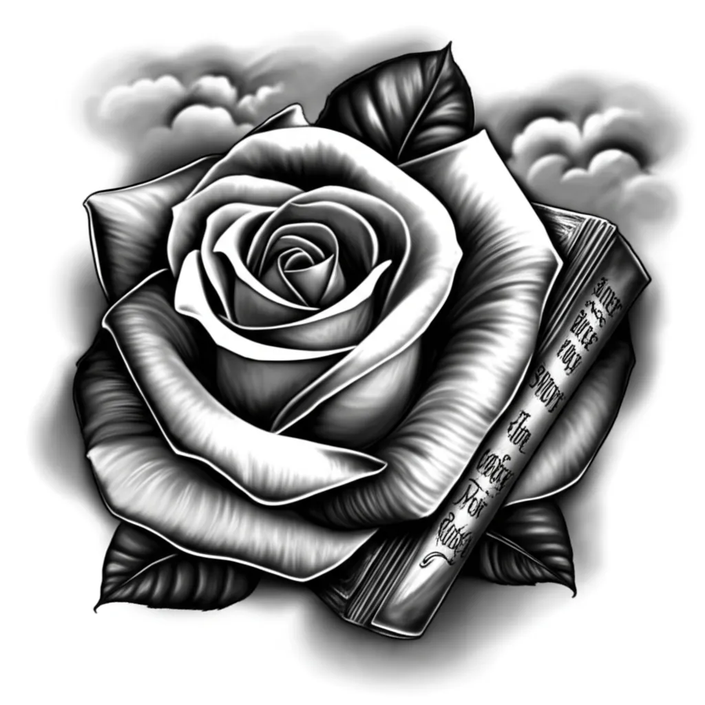 Realism Rose, Clouds, and Bible Verse Tattoo Design Realism Rose, Clouds, and Bible Verse Tattoo Design