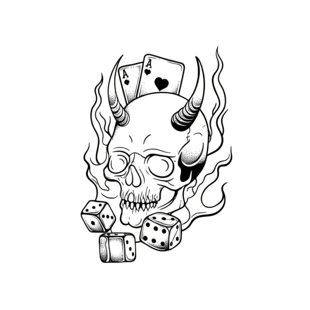 Skull with Devil Horns, Cards & Dice Fine Line Tattoo Skull with Devil Horns, Cards & Dice Fine Line Tattoo