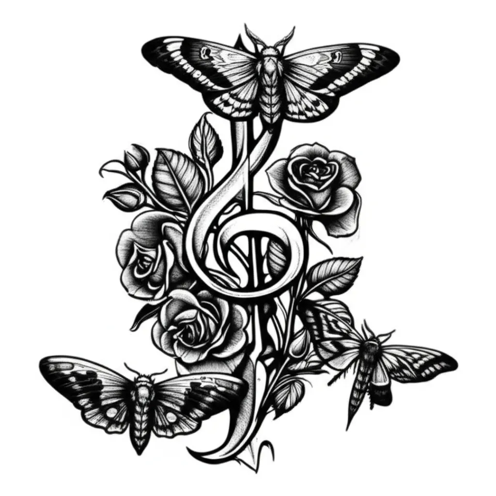 Gothic Music Notes, Roses & Moths Tattoo Design