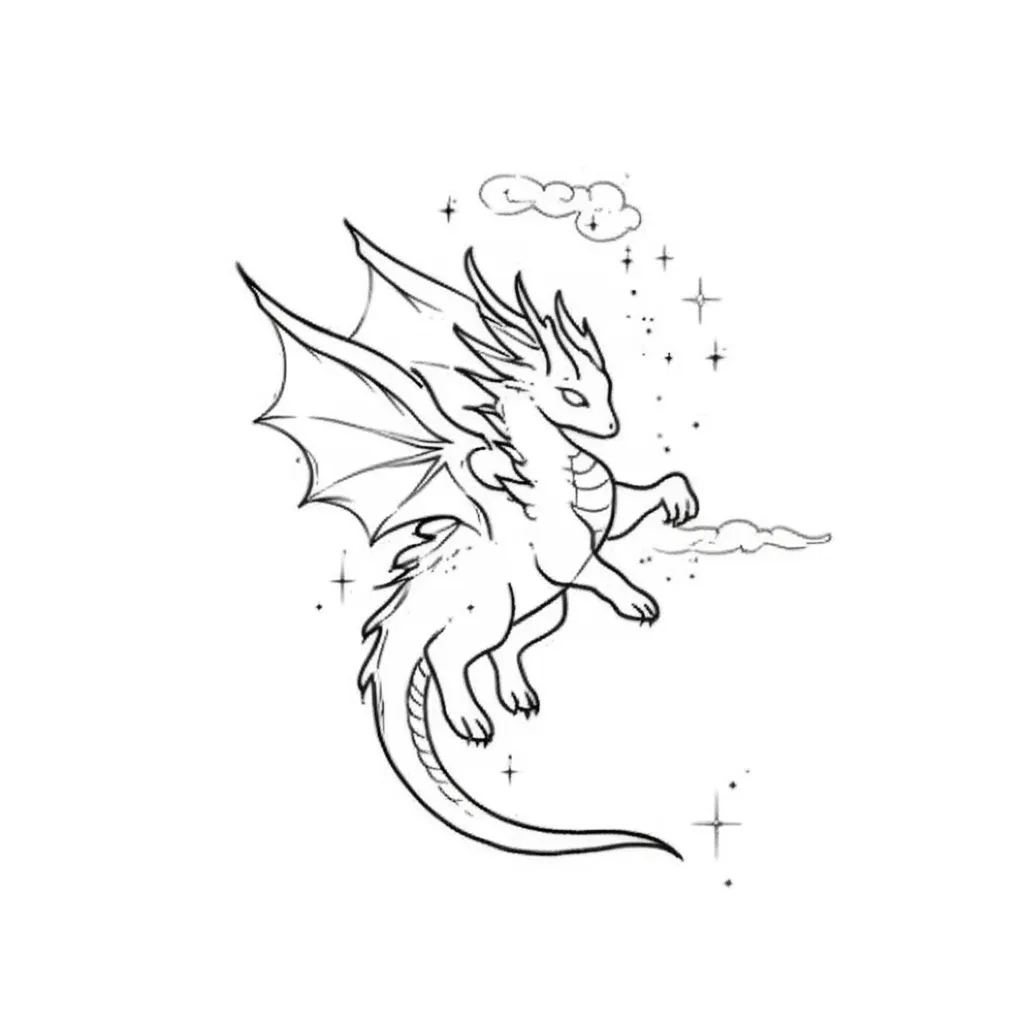 Minimalist Small Dragon Tattoo with Wings, Stars, and Clouds