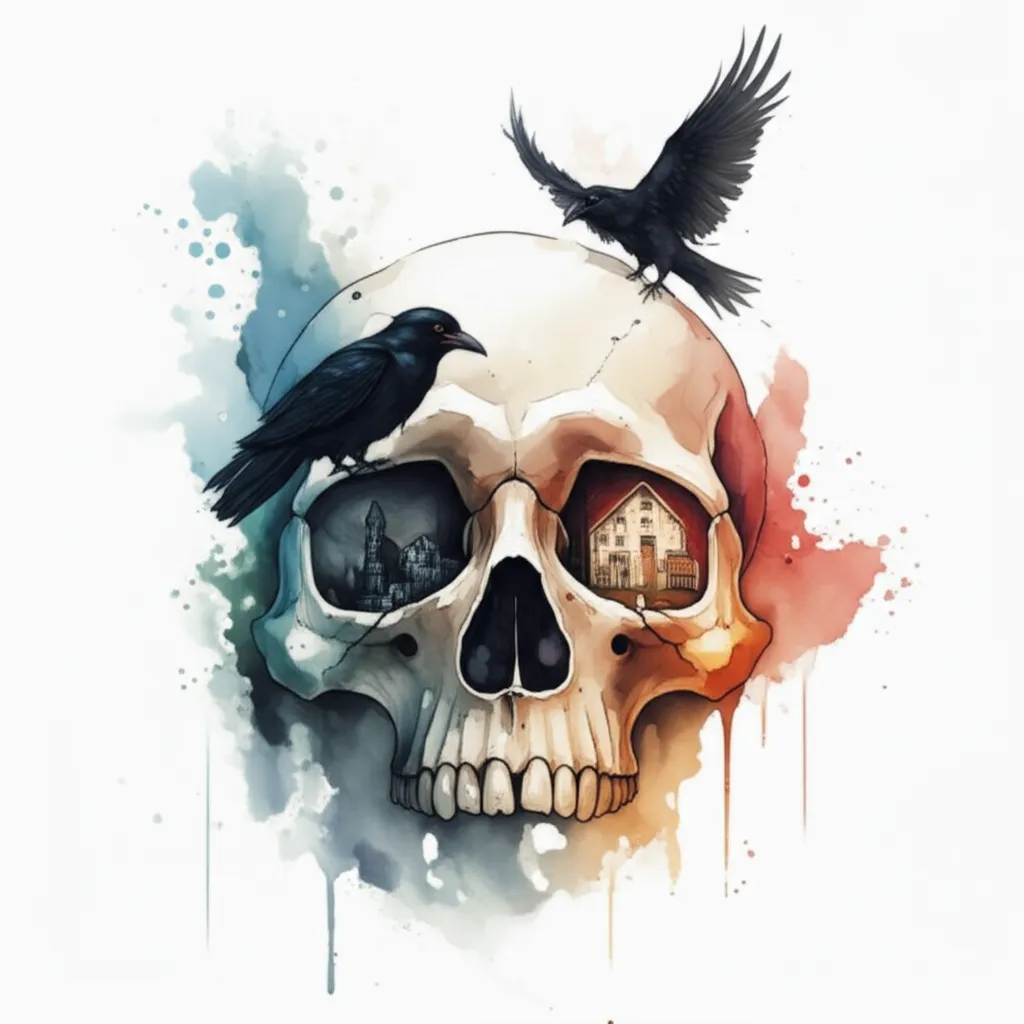 Watercolor Skull Tattoo with Crows and Abandoned Buildings Watercolor Skull Tattoo with Crows and Abandoned Buildings