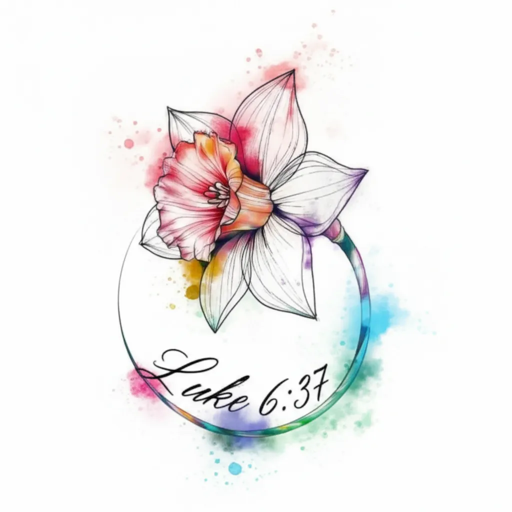 Watercolor Narcissus Flower Tattoo with Luke 6:37 Verse Watercolor Narcissus Flower Tattoo with Luke 6:37 Verse