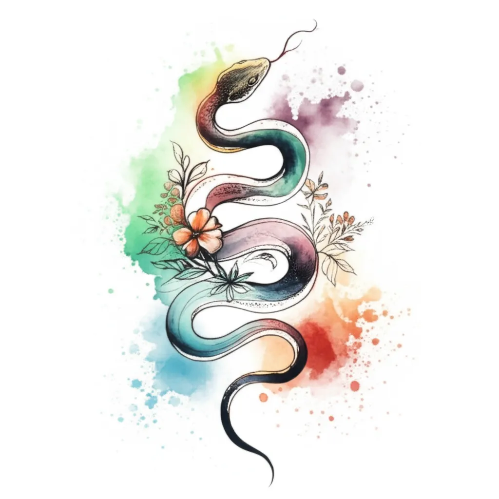 Watercolor Snake with Flowers Tattoo Design Watercolor Snake with Flowers Tattoo Design