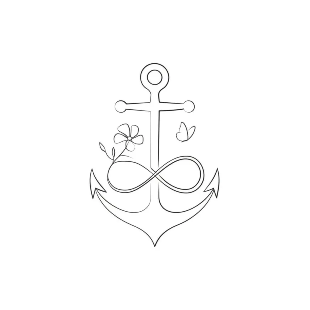 Minimalist Anchor Infinity Tattoo with Vinca Flower and Butterflies Minimalist Anchor Infinity Tattoo with Vinca Flower and Butterflies