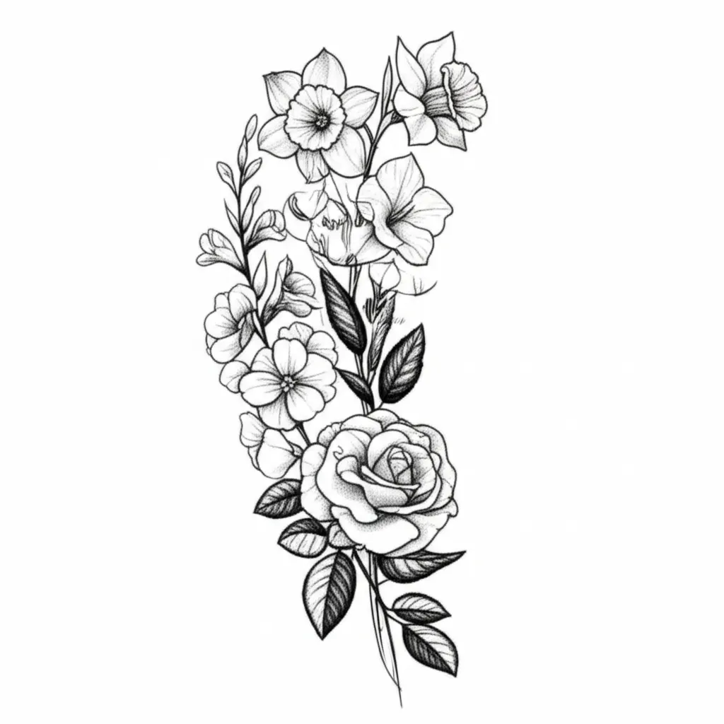 Fine Line Floral Sleeve Tattoo: Bleeding Heart, Daffodils, Rose & More Fine Line Floral Sleeve Tattoo: Bleeding Heart, Daffodils, Rose & More