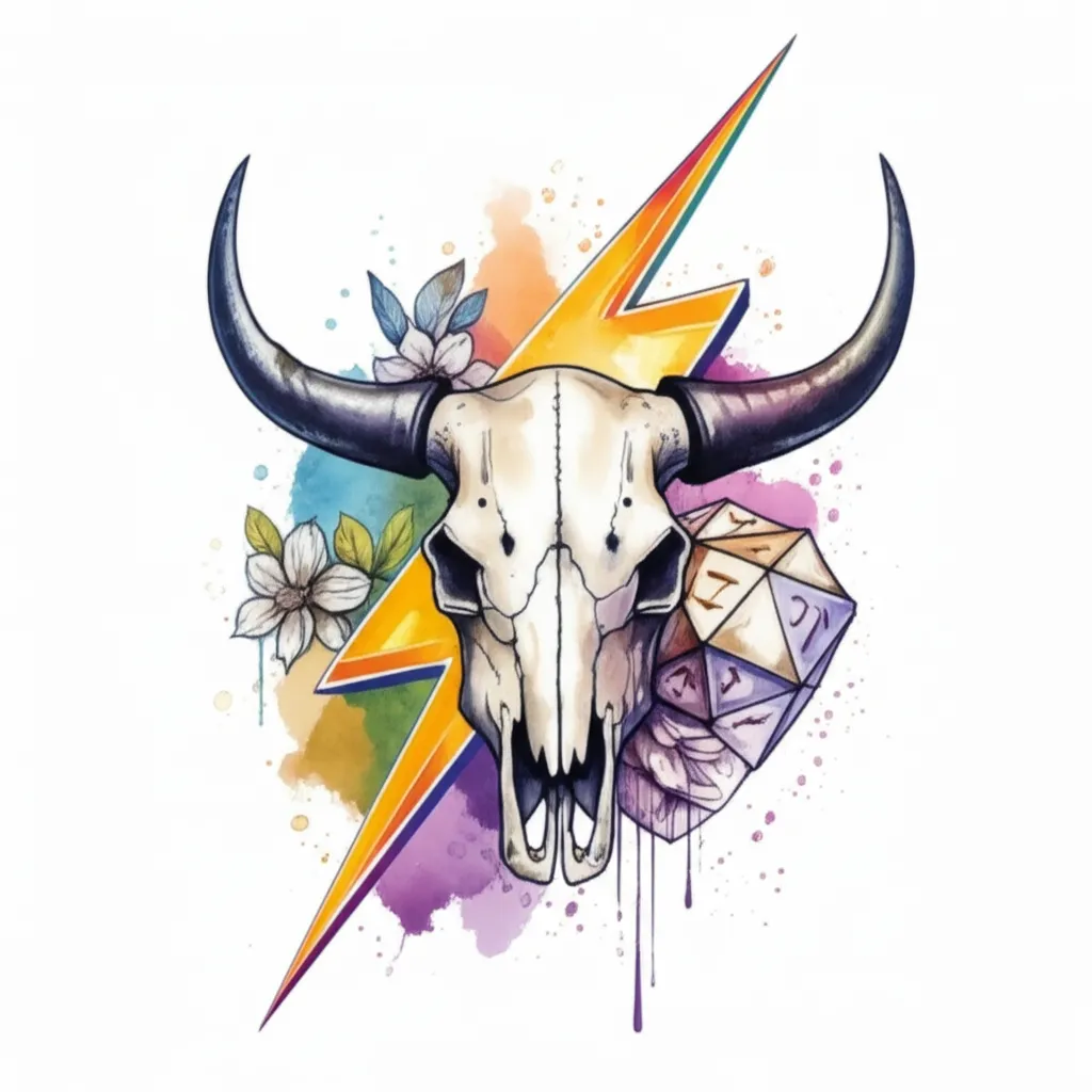 Watercolor Bull Skull Tattoo with Lightning Bolt, Dice & Flowers Watercolor Bull Skull Tattoo with Lightning Bolt, Dice & Flowers