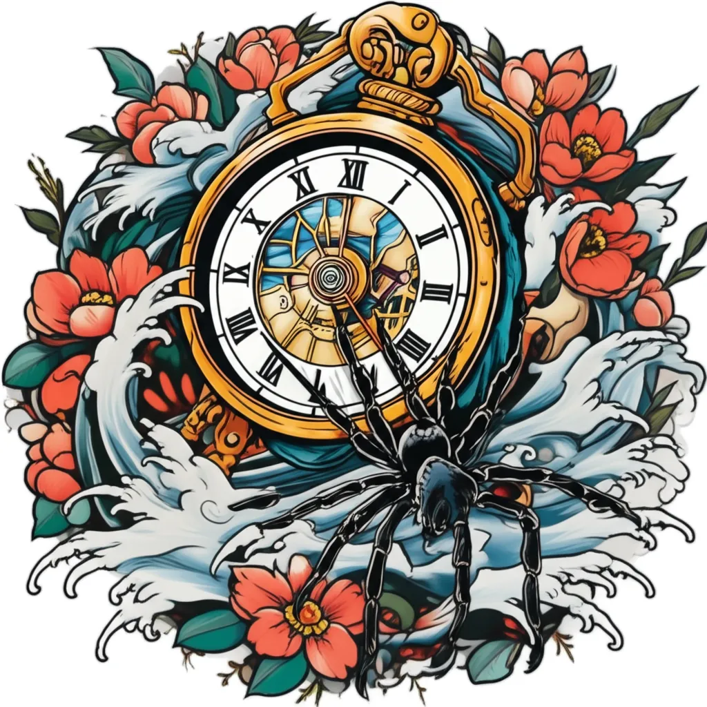 Japanese Traditional Clock and Spider Tattoo Design Japanese Traditional Clock and Spider Tattoo Design