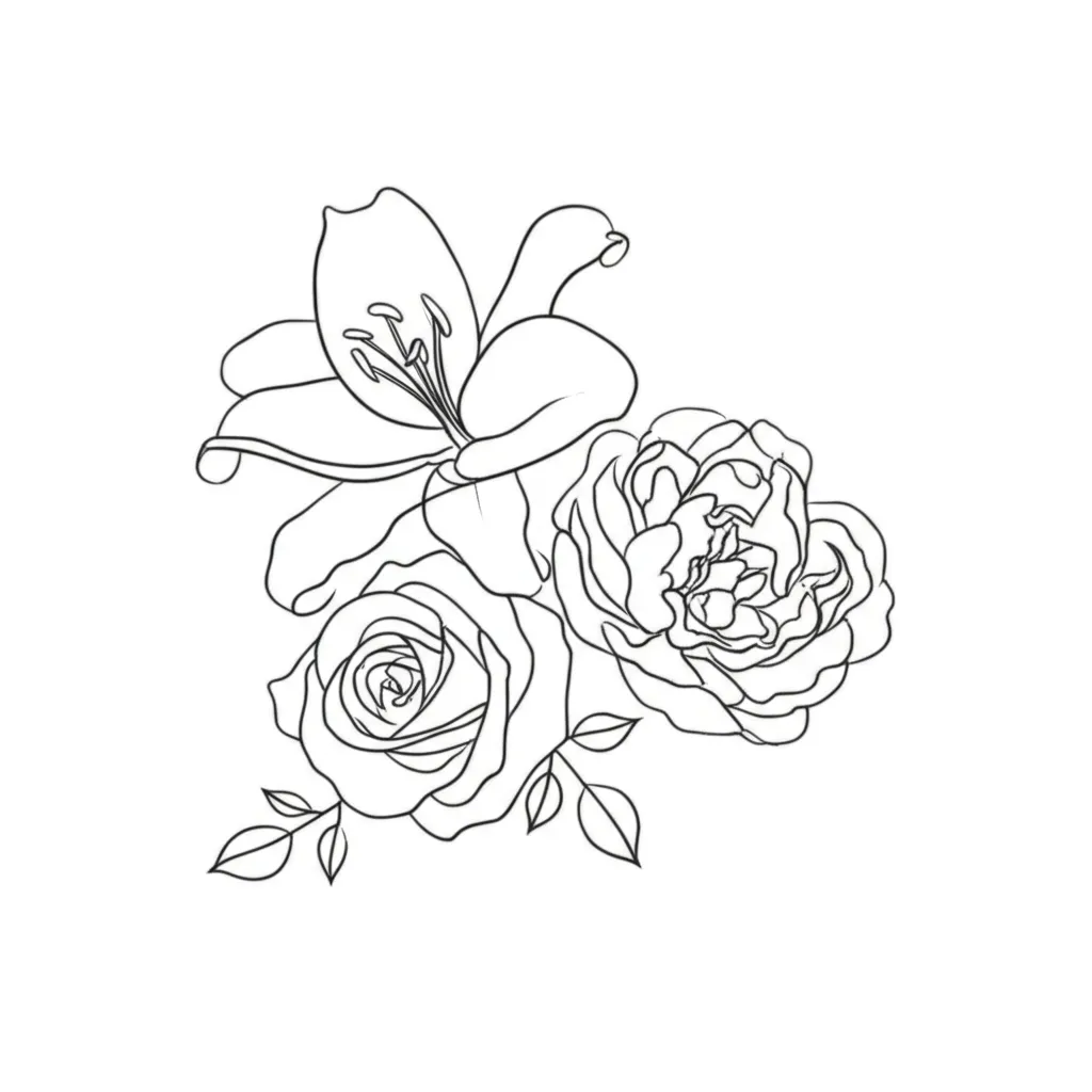 Minimalist Floral Tattoo: Lily, Rose, and Peony Design
