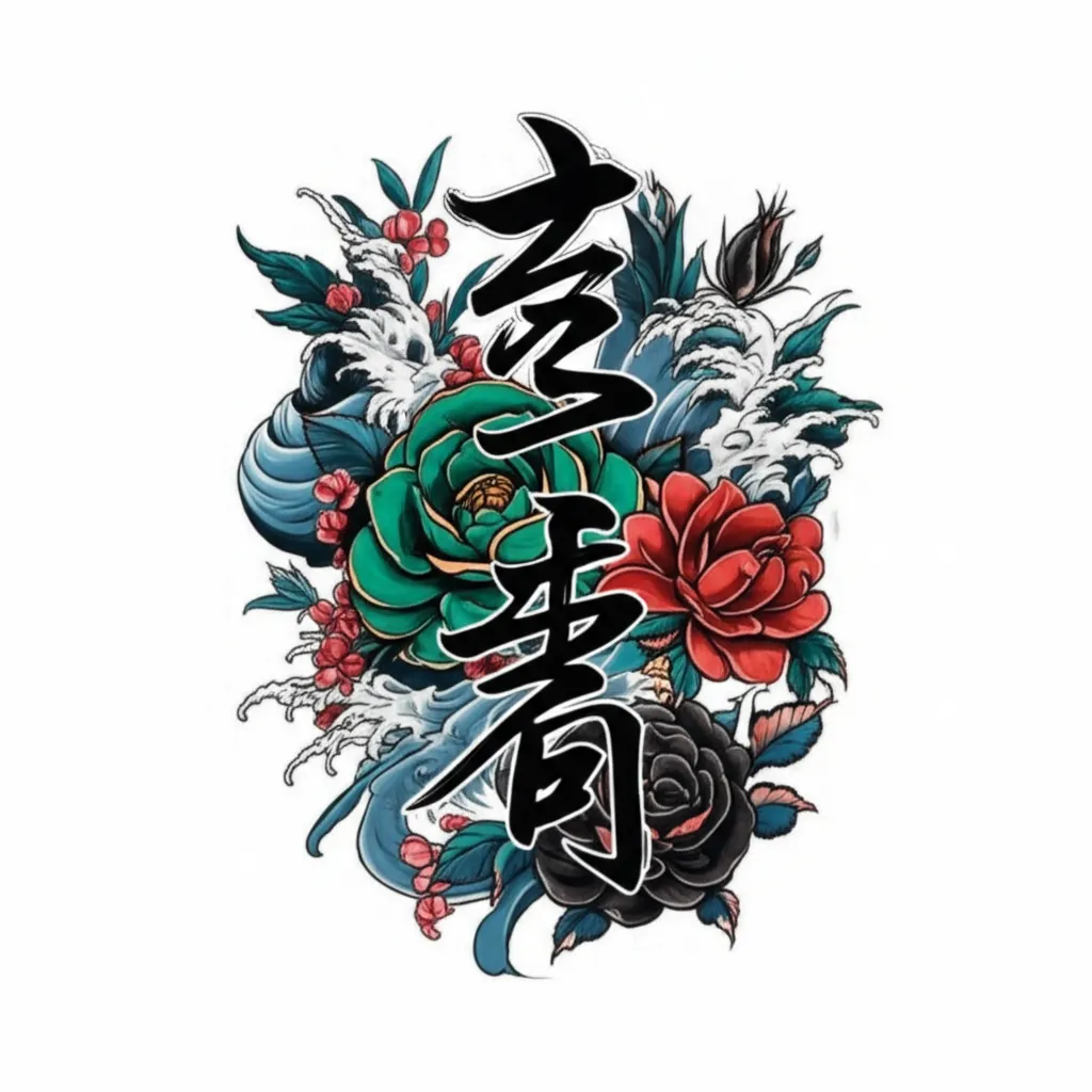 Japanese Tattoo with Chinese Letters and Black Roses