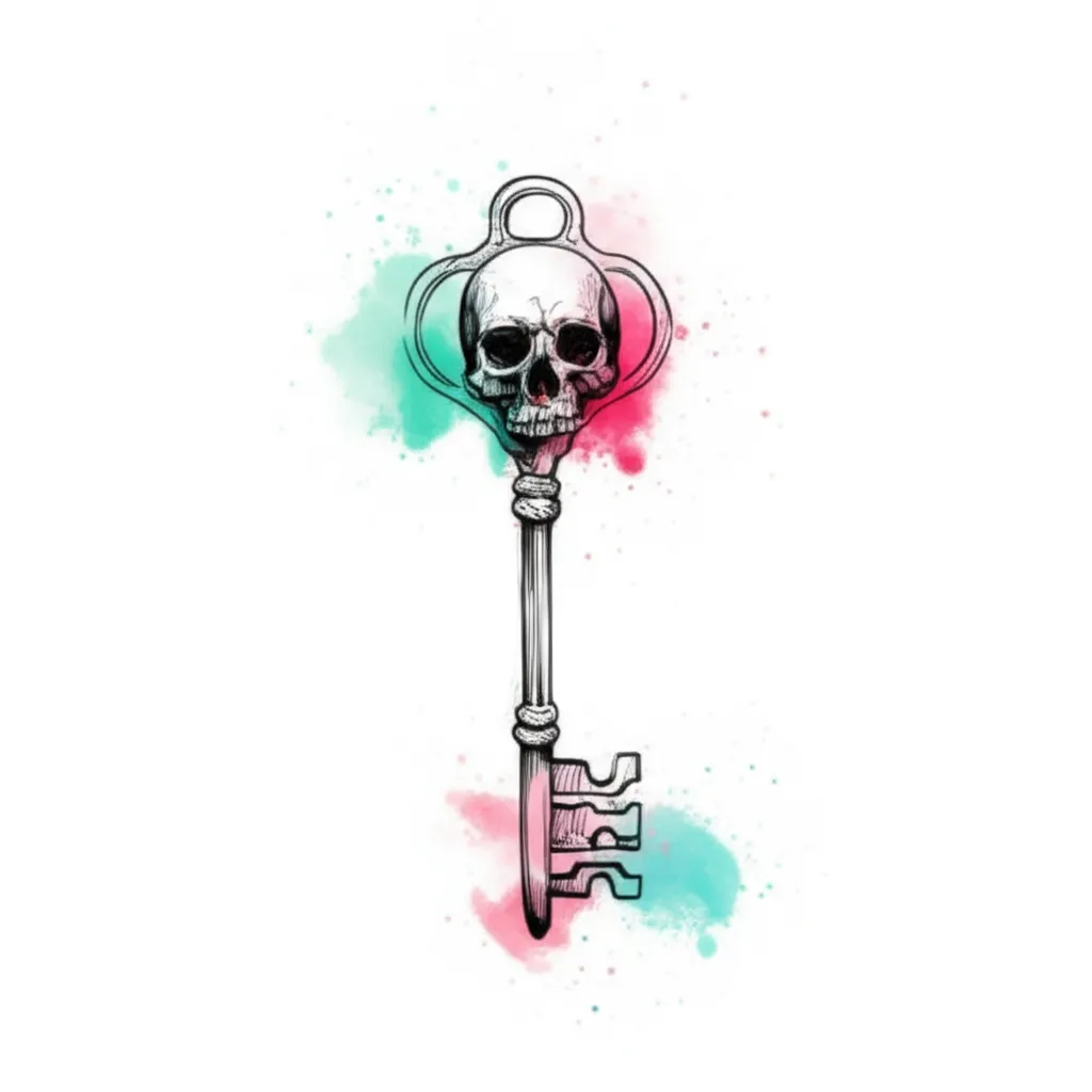 Watercolor Skeleton Key Skull Tattoo Idea