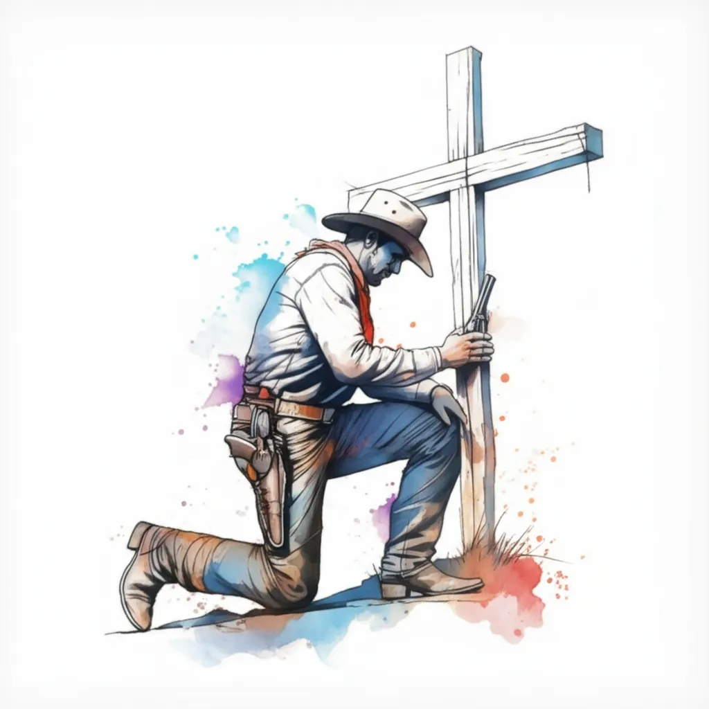 Cowboy Kneeling at Cross Watercolor Tattoo Design Cowboy Kneeling at Cross Watercolor Tattoo Design