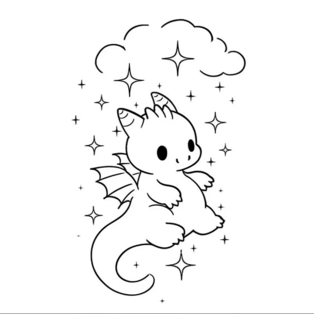 Cute Cartoon Dragon with Cloud and Stars Minimalist Tattoo