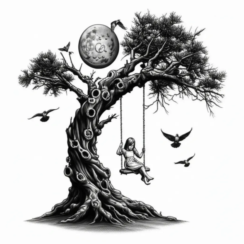 Gothic Poison Tree Tattoo with Swinging Girl, Moon & Doves