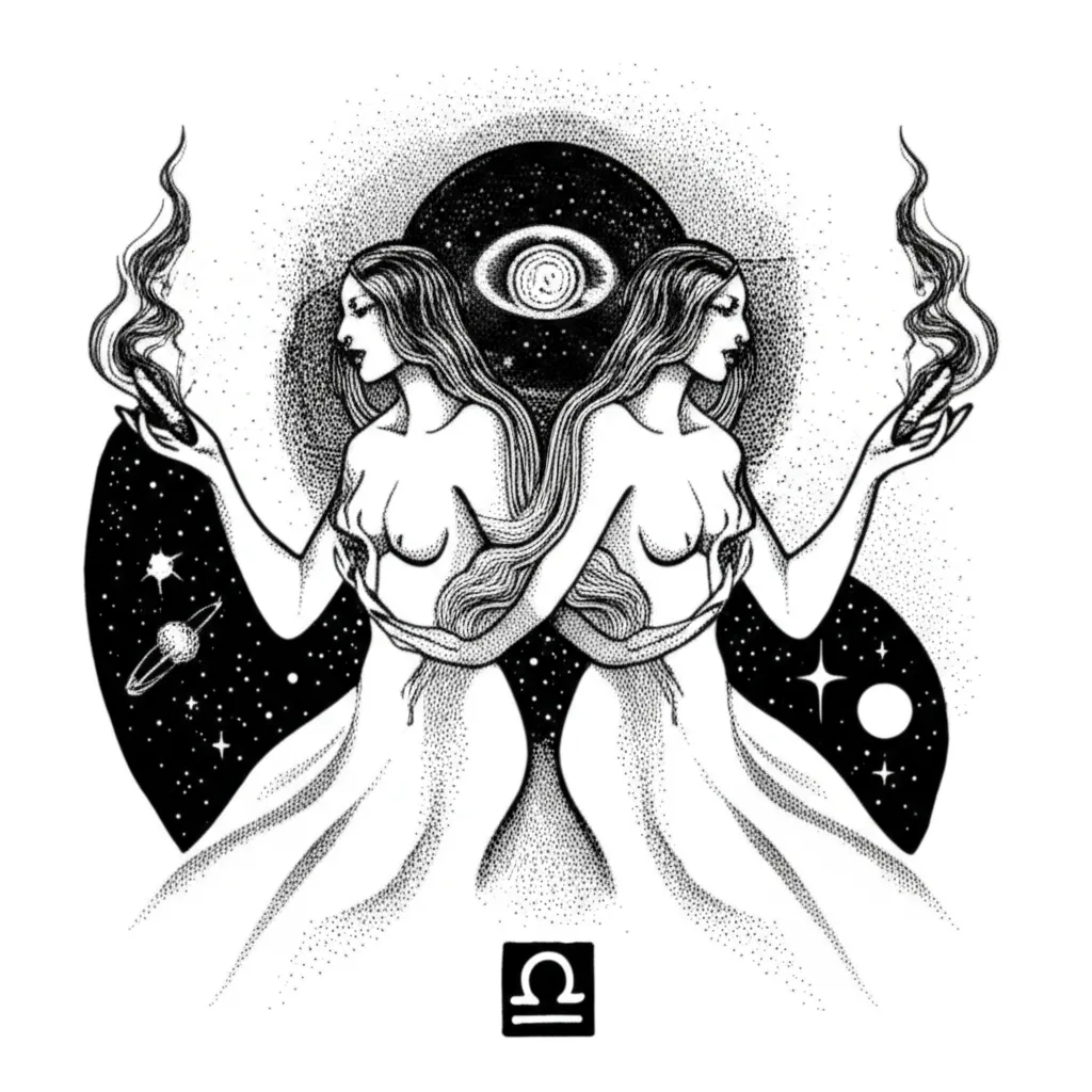 Gothic Libra Scale Tattoo with Smoking Women & Galaxy Design