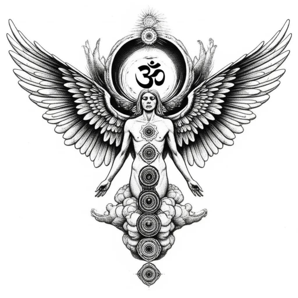 Gothic Angel Chakra Tattoo Design with Om Symbol