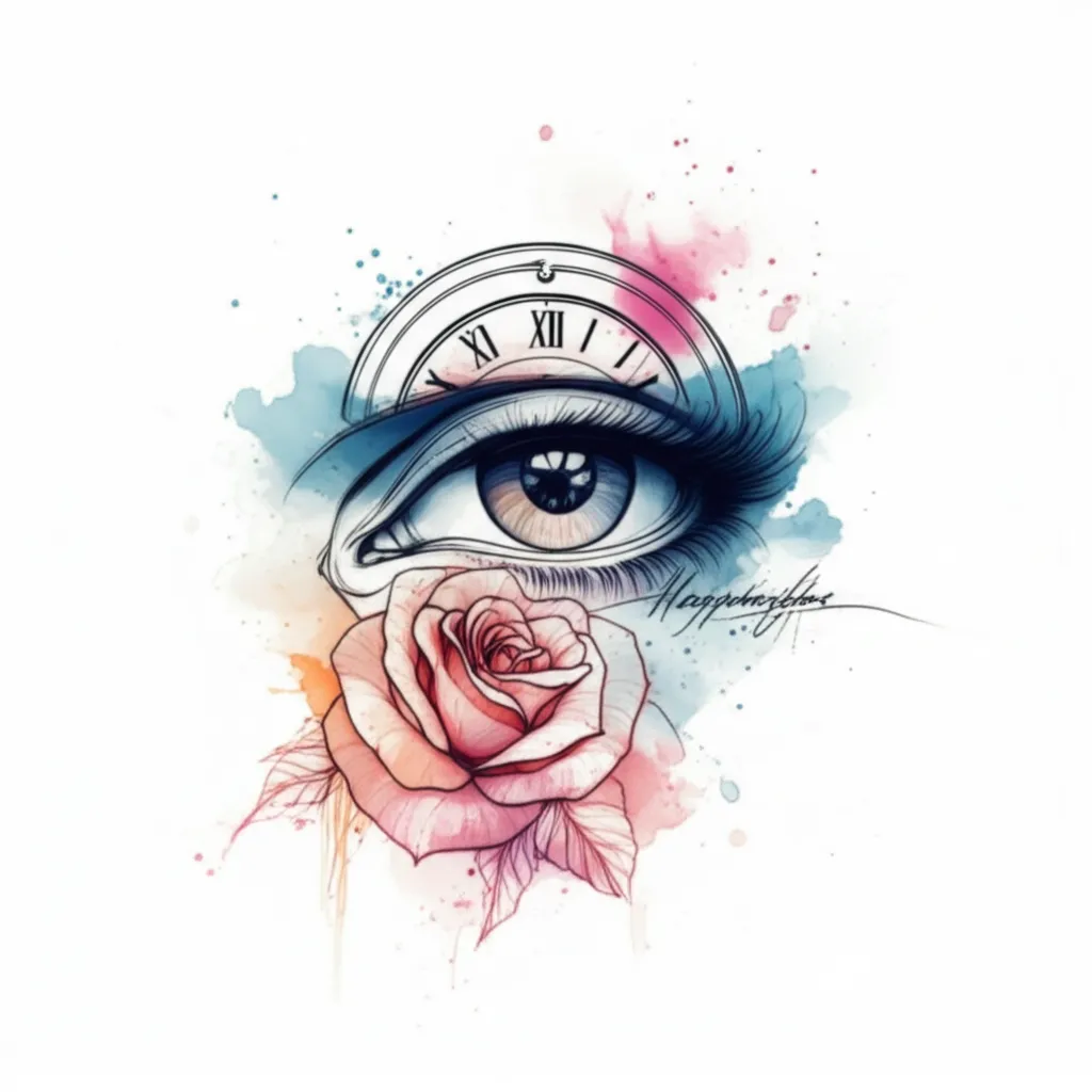 Watercolor Eye, Clock, and Rose Tattoo Design Watercolor Eye, Clock, and Rose Tattoo Design