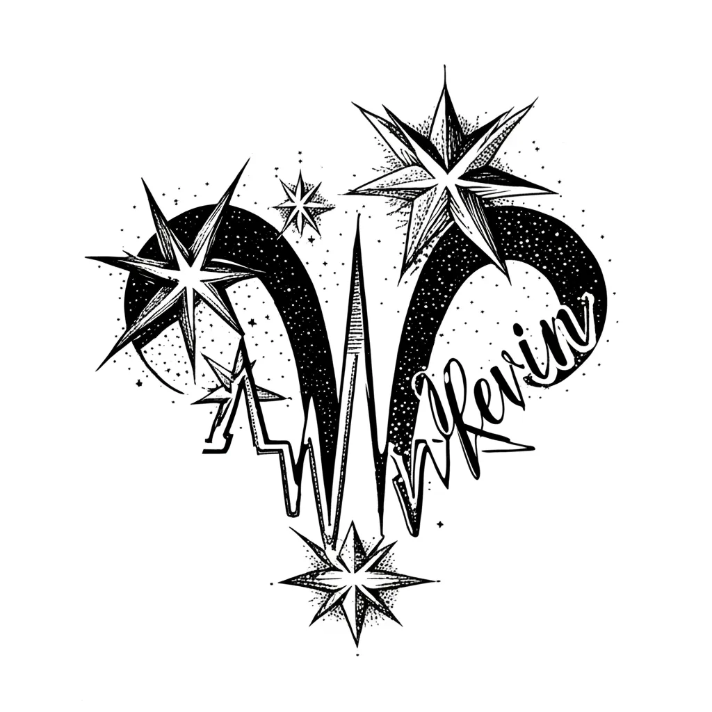 Stars, Heartbeat & Aries Sign Tattoo with 'Kevin' Name Stars, Heartbeat & Aries Sign Tattoo with 'Kevin' Name
