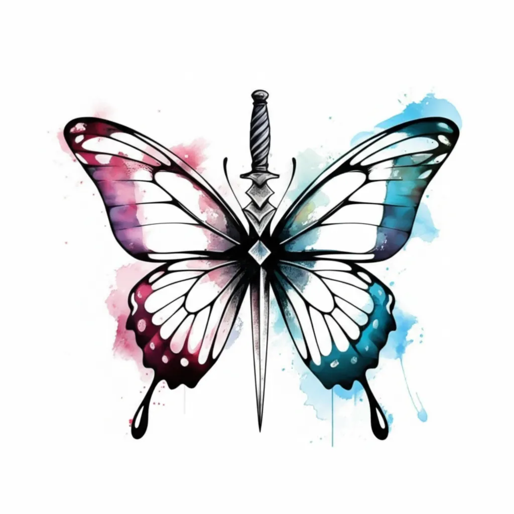 Watercolor Butterfly Dagger Tattoo with 'Vinny' - Unique Design