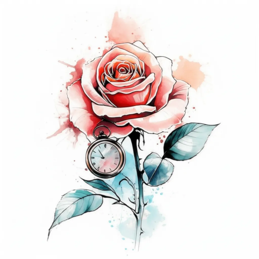 Watercolor Rose Sleeve Tattoo with Time is Money Concept