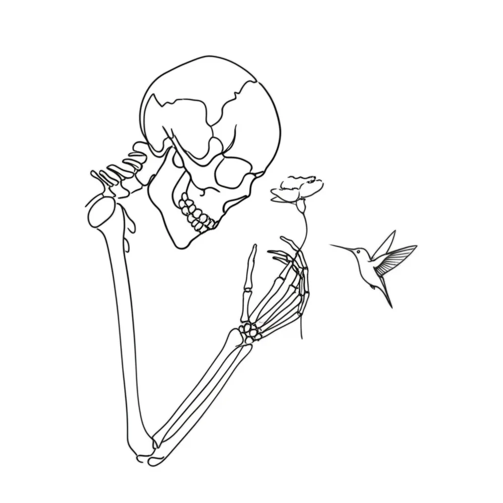 Minimalist Skeleton and Hummingbird Tattoo Design