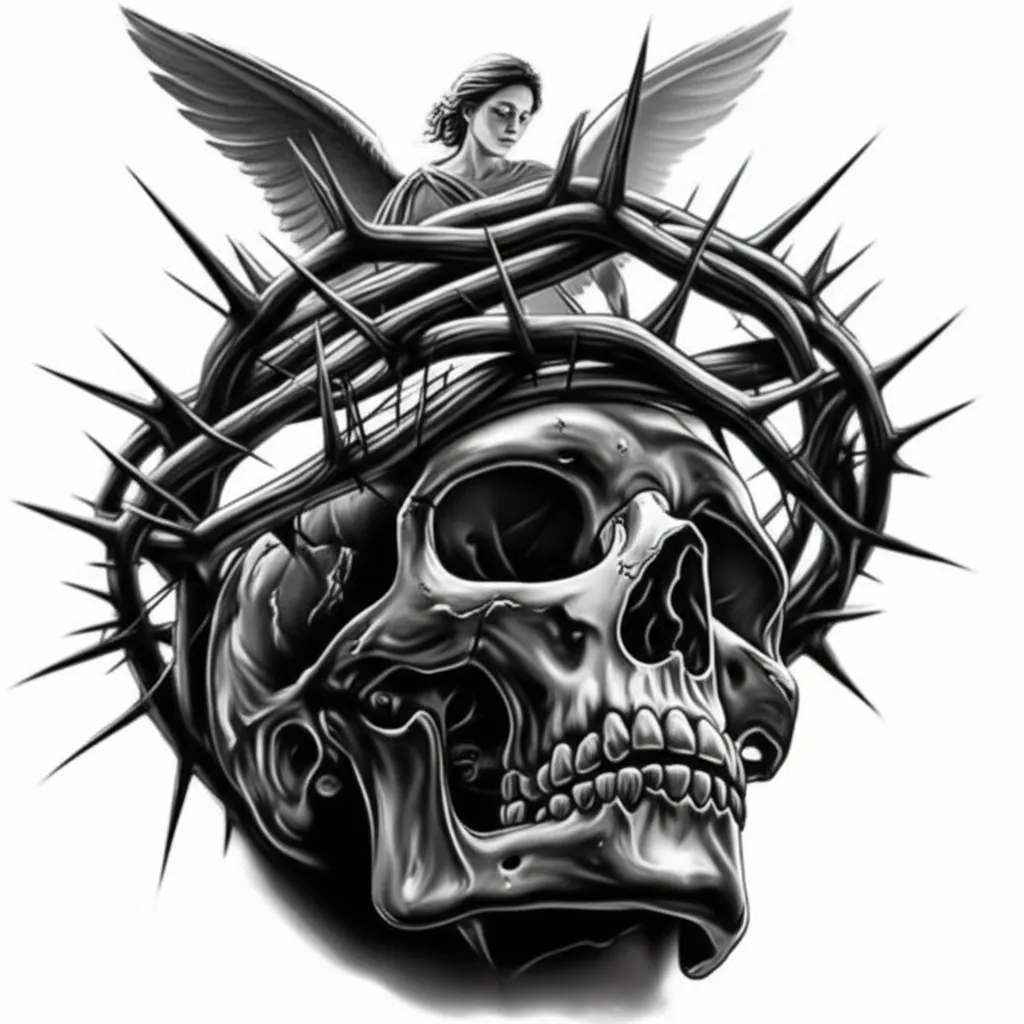 Realistic Skull with Crown of Thorns and Angel Tattoo Design