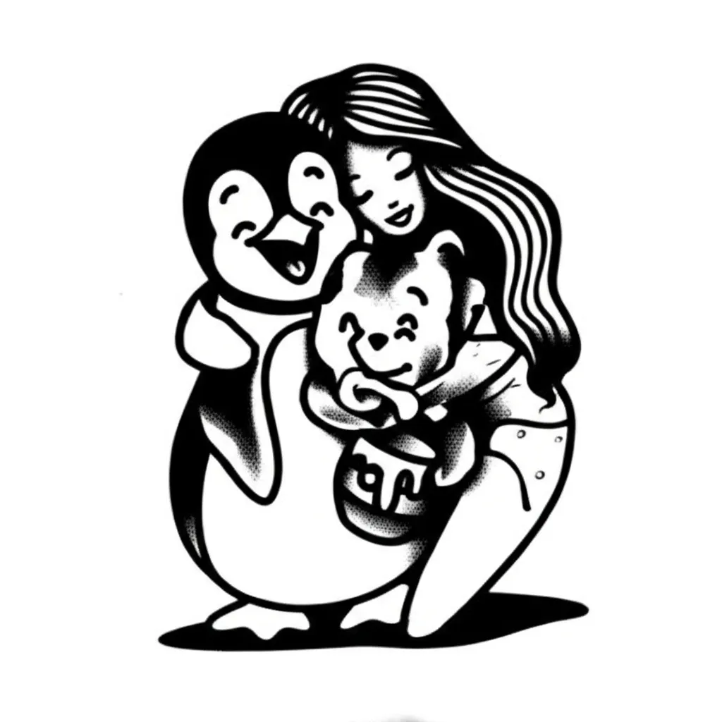 American Traditional Tattoo of Penguin, Pooh, and Barbie Hugging