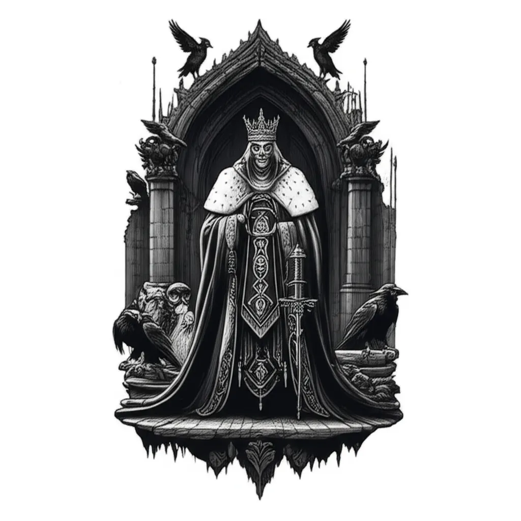 Gothic King Tattoo with Crows in Dark Castle Design