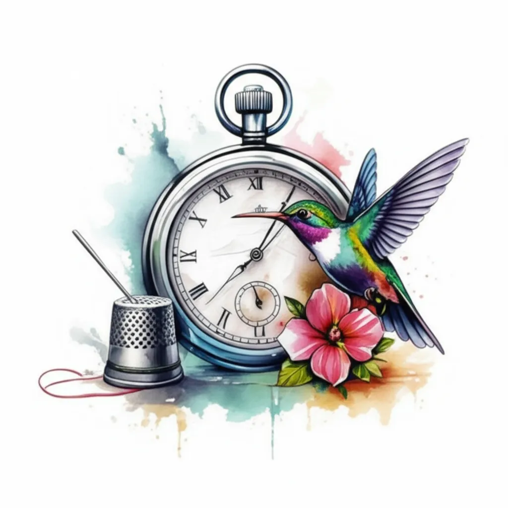Watercolor Hummingbird, Time, and Thimble Tattoo Design