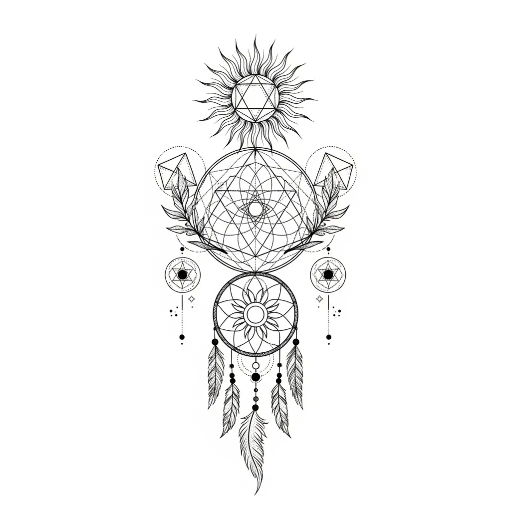 Geometric Dreamcatcher with Sun Thigh Tattoo Geometric Dreamcatcher with Sun Thigh Tattoo